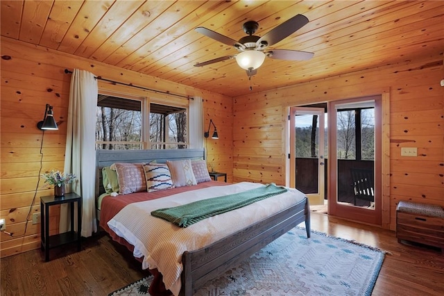 bedroom featuring multiple windows, dark hardwood / wood-style flooring, access to outside, and wood ceiling