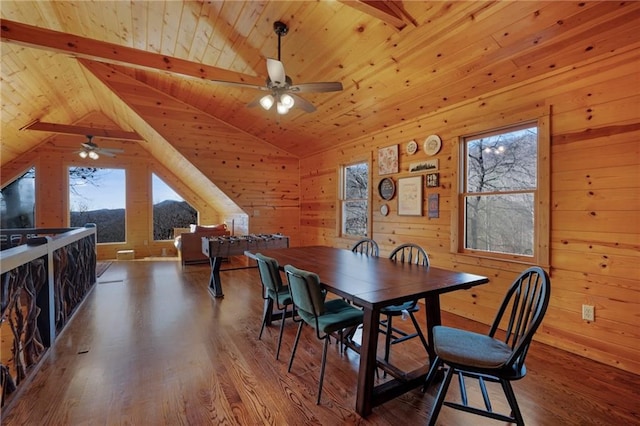 dining area featuring hardwood / wood-style flooring, wood walls, lofted ceiling with beams, and wooden ceiling