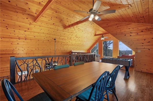 dining room featuring wood walls, lofted ceiling with beams, and wooden ceiling