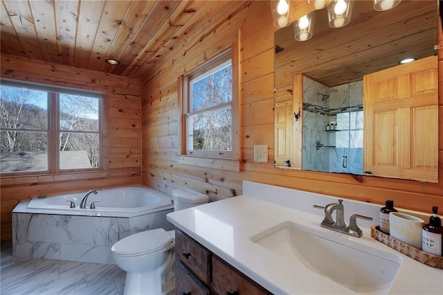 full bathroom featuring wood ceiling, separate shower and tub, vanity, toilet, and wood walls