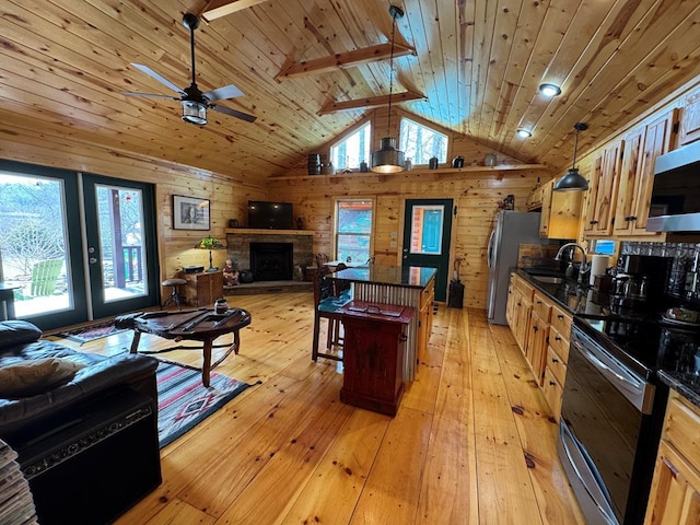 kitchen with sink, hanging light fixtures, stainless steel appliances, a fireplace, and wood walls