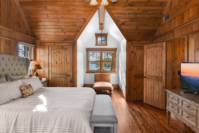 686 Lake Dr N, Morganton, GA 30560 - bedroom featuring lofted ceiling, wood ceiling, dark wood-style floors, wood walls, and baseboards