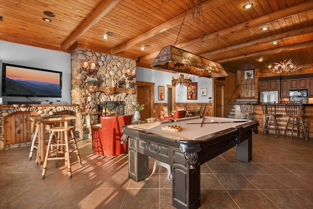 686 Lake Dr N, Morganton, GA 30560 - rec room with pool table, wooden ceiling with exposed beams, a stone fireplace, dark tile patterned flooring, and bar area