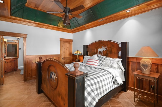 686 Lake Dr N, Morganton, GA 30560 - bedroom featuring light tile patterned flooring, wainscoting, ornamental molding, and wooden ceiling