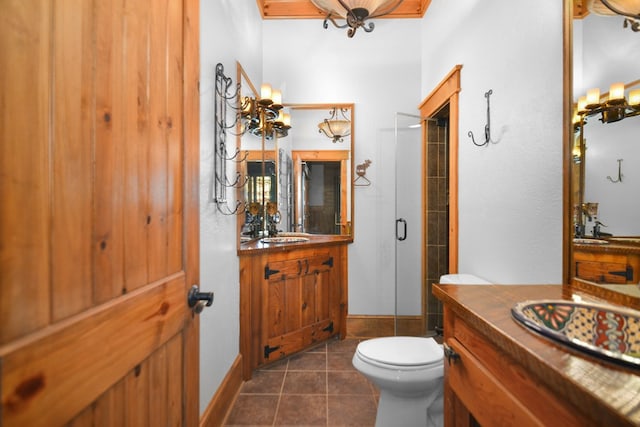 686 Lake Dr N, Morganton, GA 30560 - full bathroom featuring tile patterned floors, vanity, a shower stall, toilet, and a chandelier
