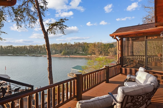 686 Lake Dr N, Morganton, GA 30560 - wooden deck featuring a water view, a dock, a sunroom, and boat lift
