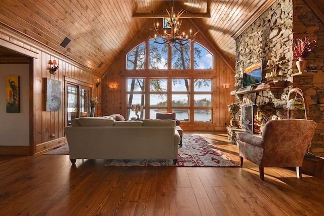686 Lake Dr N, Morganton, GA 30560 - living room featuring a chandelier, healthy amount of natural light, high vaulted ceiling, wood-type flooring, and wooden ceiling