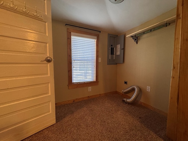 clothes washing area with laundry area, baseboards, electric panel, carpet, and electric dryer hookup