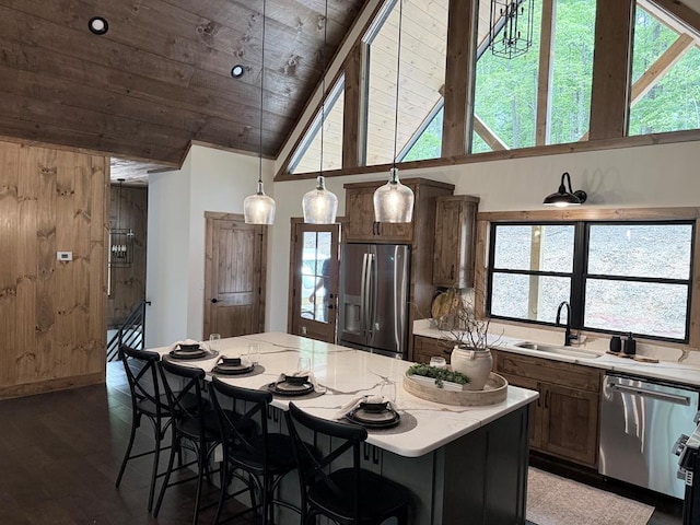 84 Grant Ln, Mineral Bluff, GA 30559 - kitchen with appliances with stainless steel finishes, wood ceiling, a sink, vaulted ceiling, and a breakfast bar