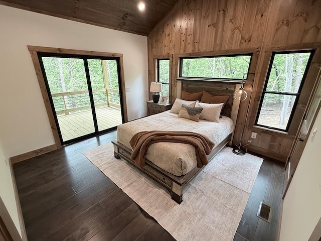 84 Grant Ln, Mineral Bluff, GA 30559 - bedroom with access to exterior, wood walls, wooden ceiling, dark wood-type flooring, and high vaulted ceiling