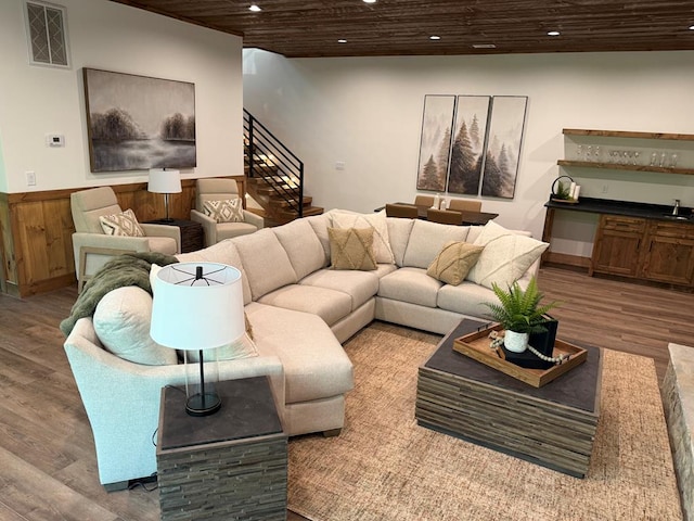 84 Grant Ln, Mineral Bluff, GA 30559 - living area featuring wood finished floors, recessed lighting, stairs, and wooden ceiling