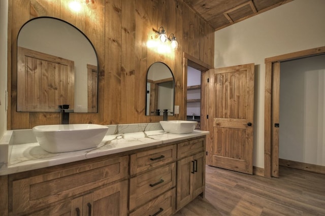 84 Grant Ln, Mineral Bluff, GA 30559 - bathroom featuring wood finished floors, double vanity, and wood ceiling