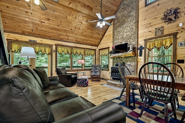 4527 Gates Chapel Rd, Ellijay, GA 30540 - living area with ceiling fan, high vaulted ceiling, hardwood / wood-style floors, wooden walls, and wood ceiling