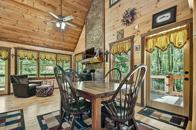 4527 Gates Chapel Rd, Ellijay, GA 30540 - dining space featuring high vaulted ceiling, wooden walls, hardwood / wood-style flooring, a ceiling fan, and wood ceiling