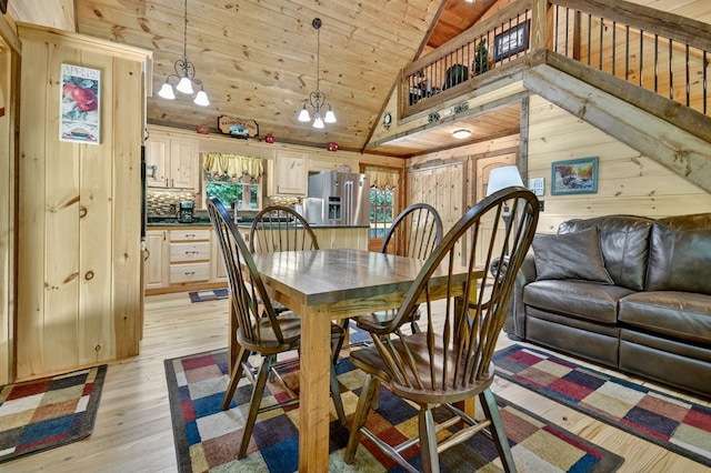 4527 Gates Chapel Rd, Ellijay, GA 30540 - dining area featuring wooden ceiling, a chandelier, light wood-style floors, wooden walls, and high vaulted ceiling