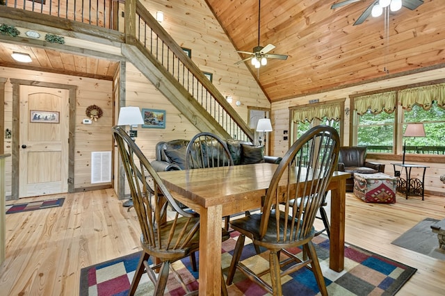 4527 Gates Chapel Rd, Ellijay, GA 30540 - dining area featuring ceiling fan, wood ceiling, wood walls, wood finished floors, and high vaulted ceiling