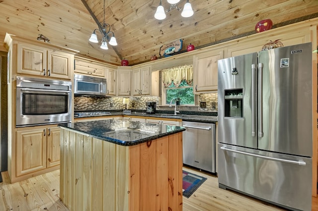 4527 Gates Chapel Rd, Ellijay, GA 30540 - kitchen featuring appliances with stainless steel finishes, wooden ceiling, lofted ceiling, light wood finished floors, and backsplash