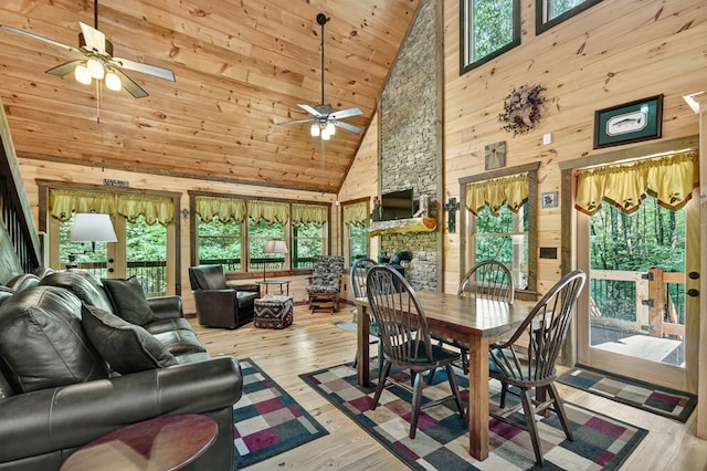 4527 Gates Chapel Rd, Ellijay, GA 30540 - dining area with high vaulted ceiling, ceiling fan, plenty of natural light, hardwood / wood-style floors, and wood walls