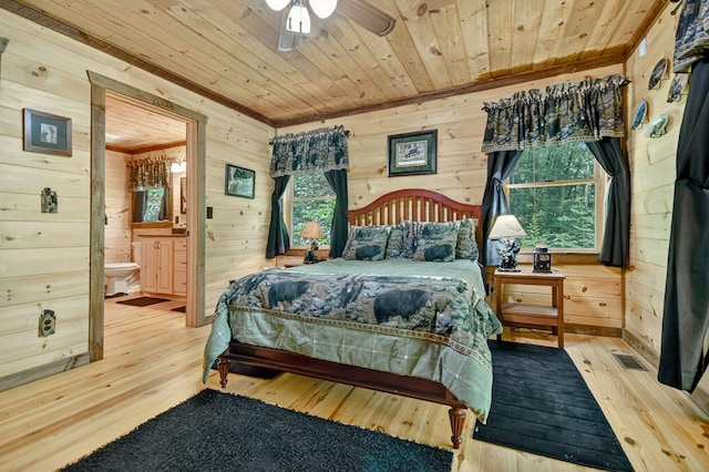 4527 Gates Chapel Rd, Ellijay, GA 30540 - bedroom with wooden ceiling, wooden walls, hardwood / wood-style floors, and ensuite bath