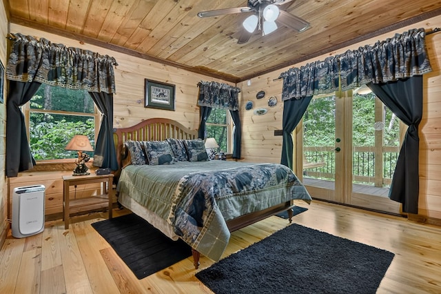 4527 Gates Chapel Rd, Ellijay, GA 30540 - bedroom featuring wooden ceiling, access to exterior, wooden walls, wood-type flooring, and french doors