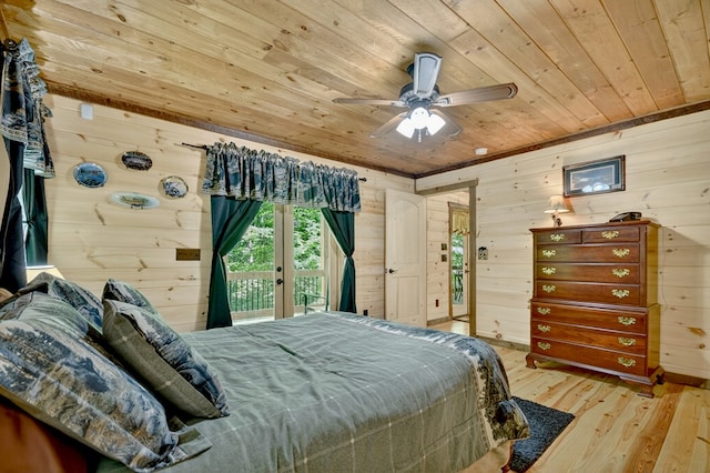4527 Gates Chapel Rd, Ellijay, GA 30540 - bedroom with wooden ceiling, access to exterior, hardwood / wood-style flooring, wooden walls, and ceiling fan