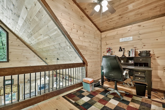 4527 Gates Chapel Rd, Ellijay, GA 30540 - home office with vaulted ceiling, ceiling fan, wood ceiling, wood walls, and wood finished floors