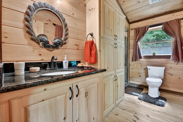 4527 Gates Chapel Rd, Ellijay, GA 30540 - bathroom with wood finished floors, vanity, wood walls, wood ceiling, and vaulted ceiling