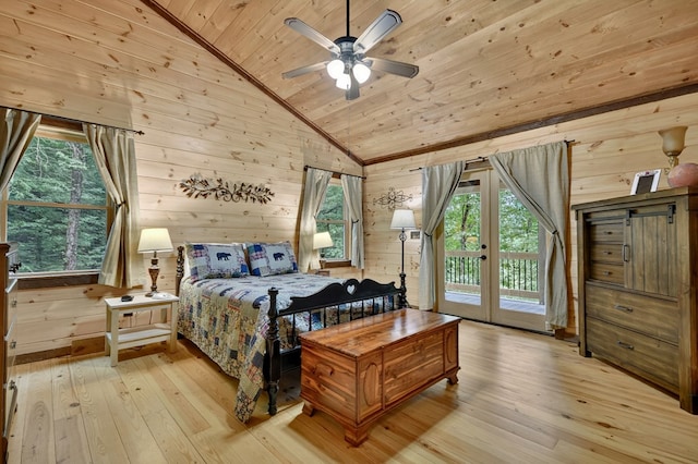 4527 Gates Chapel Rd, Ellijay, GA 30540 - bedroom with lofted ceiling, wood ceiling, access to outside, wooden walls, and wood-type flooring