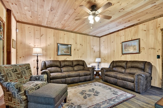 4527 Gates Chapel Rd, Ellijay, GA 30540 - living area with wood ceiling, a ceiling fan, and wooden walls