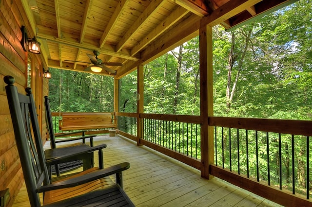 4527 Gates Chapel Rd, Ellijay, GA 30540 - wooden deck featuring a ceiling fan and a view of trees