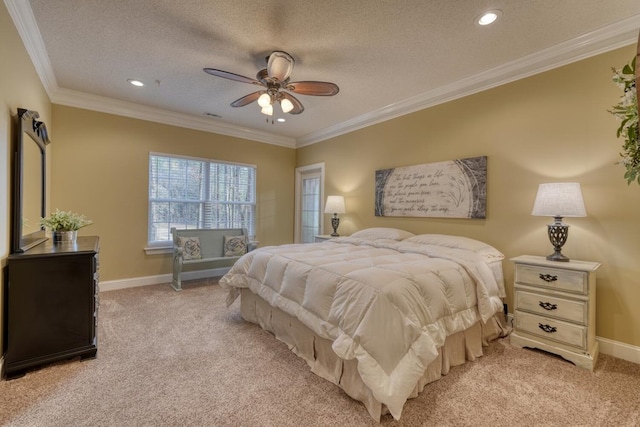 bedroom with a textured ceiling, light colored carpet, ceiling fan, and crown molding