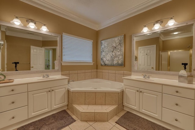 bathroom with tile patterned flooring, vanity, separate shower and tub, and ornamental molding