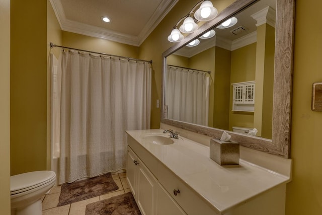 full bathroom featuring tile patterned floors, shower / tub combo, toilet, and crown molding