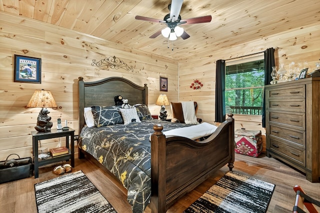 4525 Gates Chapel Rd, Ellijay, GA 30540 - bedroom with wood finished floors, wooden ceiling, wooden walls, and ceiling fan