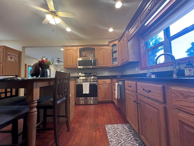 kitchen with appliances with stainless steel finishes, tasteful backsplash, ceiling fan, dark wood-type flooring, and sink