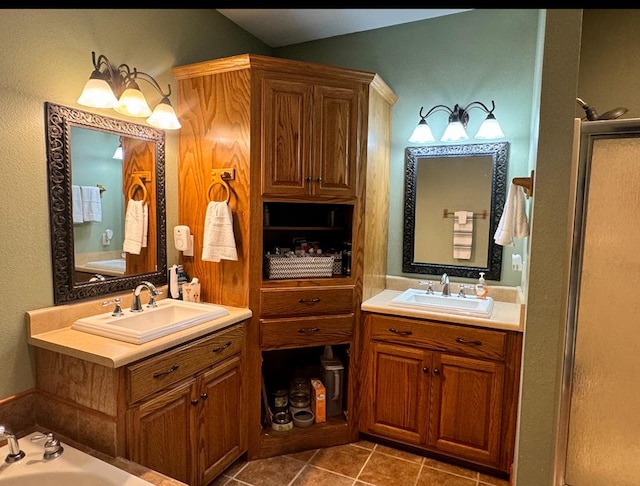 bathroom with tile patterned floors, separate shower and tub, and vanity