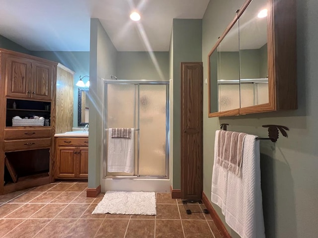 bathroom featuring tile patterned flooring, vanity, and an enclosed shower