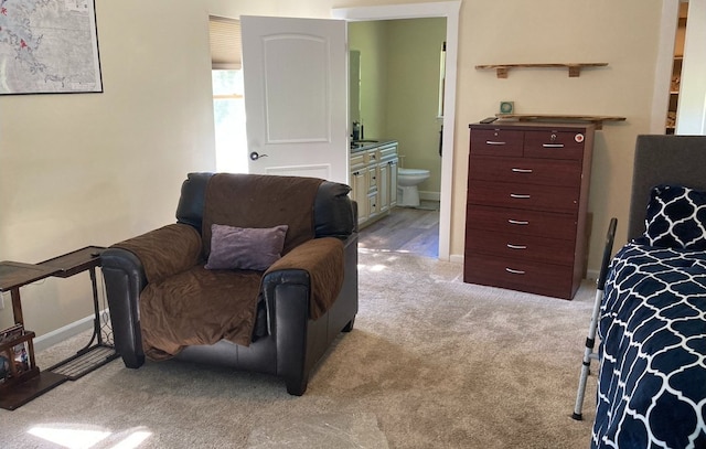 bedroom featuring light colored carpet, sink, and connected bathroom