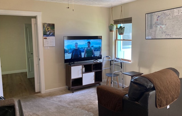 carpeted living room with a textured ceiling