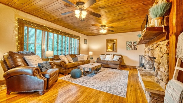 living room featuring wooden ceiling, wood finished floors, and a ceiling fan