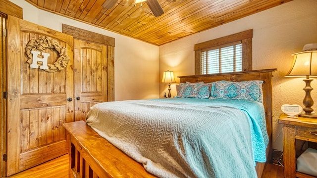 bedroom featuring ceiling fan, wood finished floors, and wood ceiling