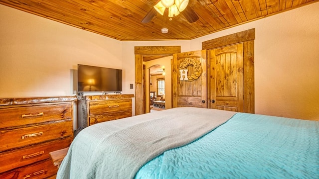 bedroom with wooden ceiling and ceiling fan