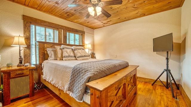 bedroom with baseboards, ceiling fan, wood finished floors, and wood ceiling