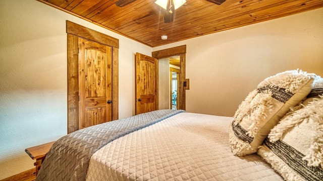 bedroom with wood ceiling and ceiling fan
