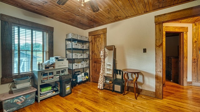 miscellaneous room featuring a ceiling fan, wood finished floors, and wood ceiling