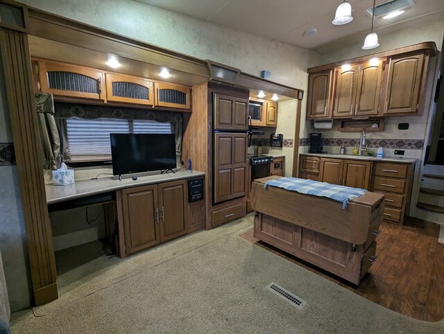 kitchen with hardwood / wood-style flooring, pendant lighting, and sink