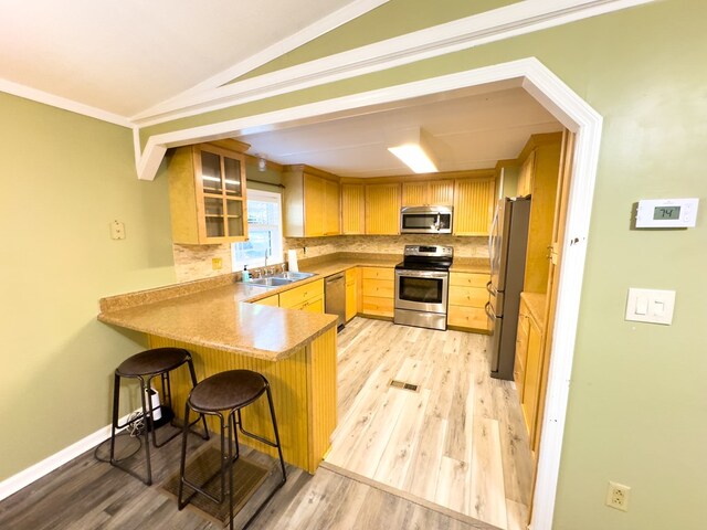 kitchen with light wood-type flooring, appliances with stainless steel finishes, and backsplash