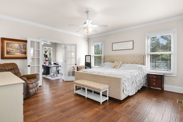 270 Milford Trl, Talking Rock, GA 30175 - bedroom featuring french doors, dark wood-style flooring, crown molding, and visible vents