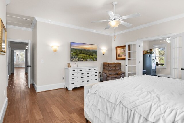 270 Milford Trl, Talking Rock, GA 30175 - bedroom featuring baseboards, ceiling fan, crown molding, wood finished floors, and french doors