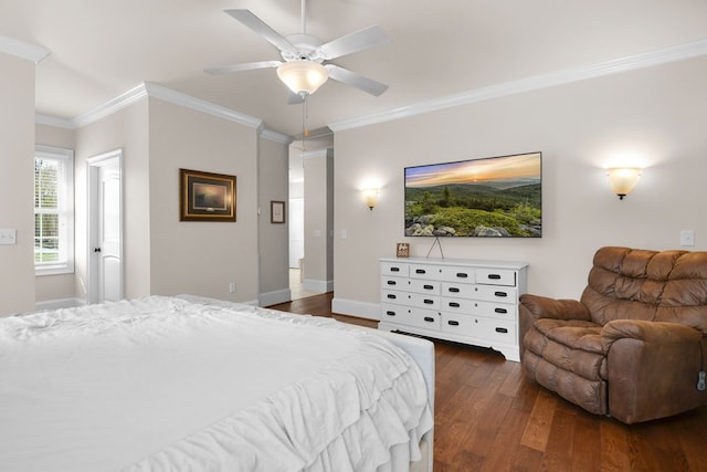 270 Milford Trl, Talking Rock, GA 30175 - bedroom featuring dark wood-style flooring, ornamental molding, baseboards, and a ceiling fan